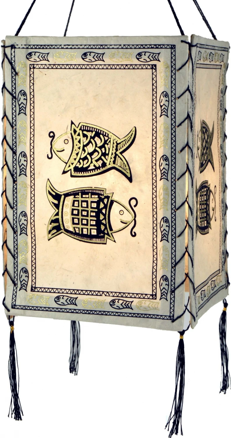 Lokta Papier Hänge Lampenschirm, Deckenleuchte Aus Handgeschöpftem Papier - Fisch Weiß - 28x18x18 Cm