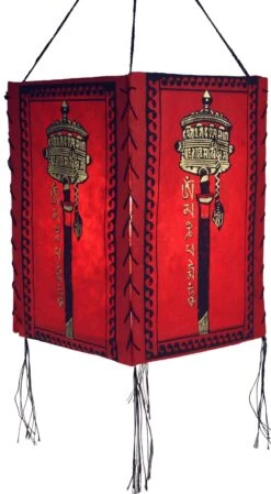 Lokta Papier Hänge Lampenschirm, Deckenleuchte Aus Handgeschöpftem Papier, Gebetsmühle - Rot - 28x18x18 Cm