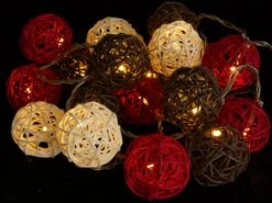 Rattan Ball LED Kugel Lampion Lichterkette - Rot/braun/weiß