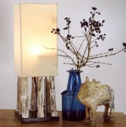 Tischleuchte / Tischlampe Kowari, In Bali Handgemachtes Unikat Aus Naturmaterial ,Treibholz, Baumwolle - Modell Kowari - 52x17x17 Cm