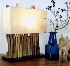 Tischleuchte / Tischlampe Okawango, In Bali Handgemachtes Unikat Aus Naturmaterial, Treibholz, Baumwolle - Modell Okawango - 40x35x16 Cm