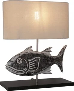 Tischlampe / Tischleuchte, In Bali Handgemacht Aus Naturmaterial - Modell Fish - 43x35x15 Cm