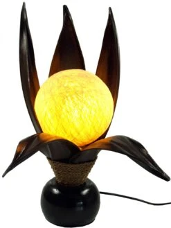 Palmenblatt Lotus Tischlampe / Tischleuchte, In Bali Handgemacht Aus Naturmaterial, Palmholz - Modell Palmera 8 - 47x26x26 Cm